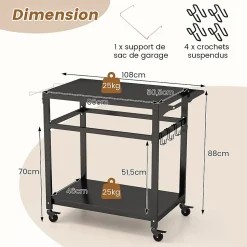 Desserte Jardin,Chariot de Barbecue avec 4 Roues Verrouillables,Plancha avec 4 Crochets et Étagère,108x50,5x88CM,Charge 50KG