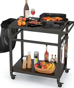 Desserte Jardin,Chariot de Barbecue avec 4 Roues Verrouillables,Plancha avec 4 Crochets et Étagère,111x50,5x93CM,Charge 50KG
