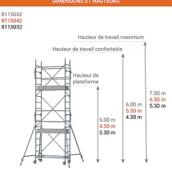 Echafaudage roulant acier - Hauteur de plateforme : 4.50m - Hauteur de travail max. : 6.50m - 8115042