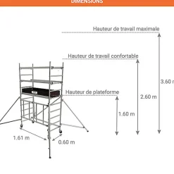 Echafaudage roulant alu - 1 plateau - Hauteur de travail max 3.60m - Sols plats et en dénivelé - 22408521