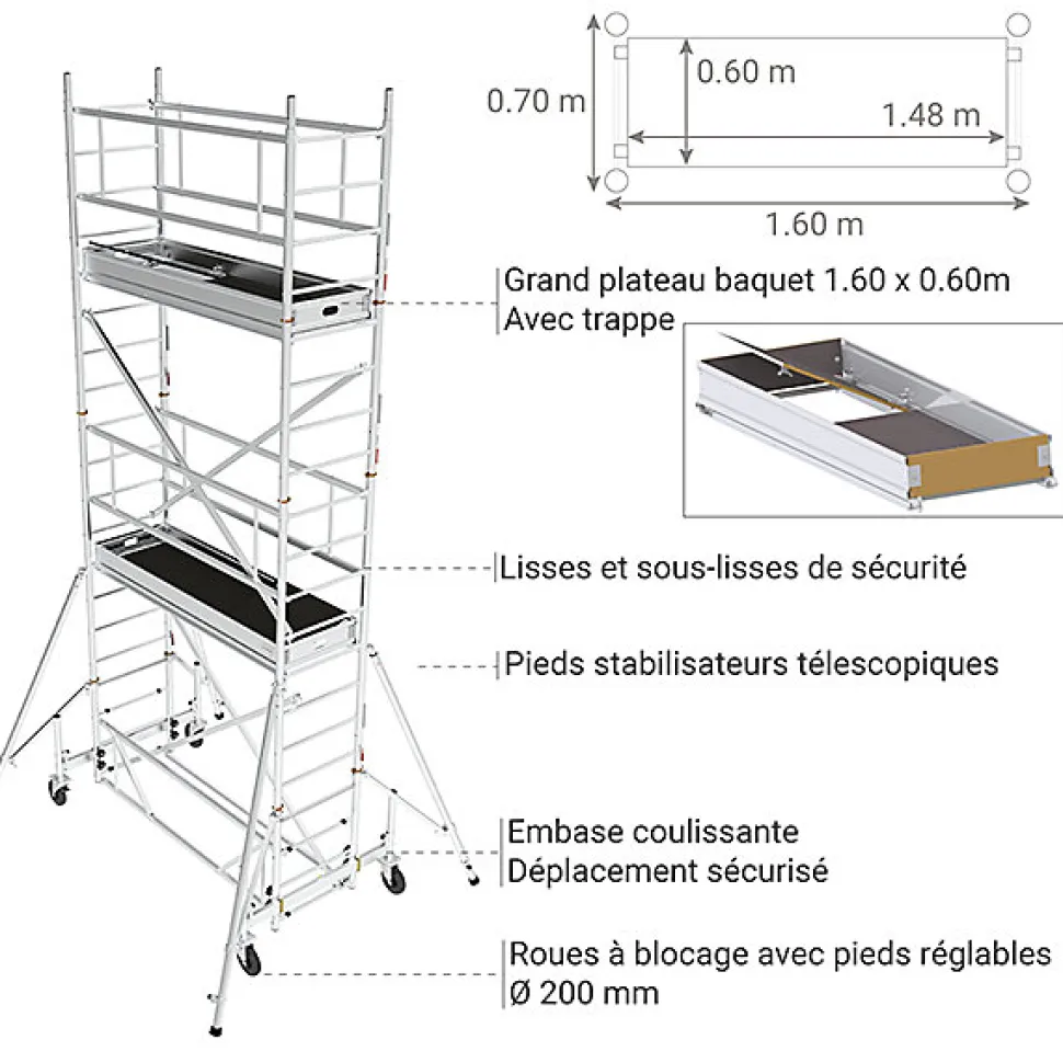 Echafaudage roulant alu - Hauteur de travail max 7.00m - EC516T