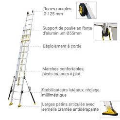 Echelle 2 plans de longueur 6.60m - Pieds stabilisateurs repliables - 2x14 barreaux - 512414
