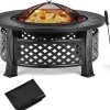 3-en-1 Braséro Extérieur Jardin Rond,avec Grille de Barbecue,Pare-étincelles,Grille à Bûches, Poker, Housse Anti-Pluie,81 x 50 cm