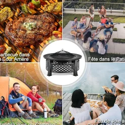 3-en-1 Braséro Extérieur Jardin Rond,avec Grille de Barbecue,Pare-étincelles,Grille à Bûches, Poker, Housse Anti-Pluie,81 x 50 cm