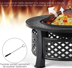 3-en-1 Braséro Extérieur Jardin Rond,avec Grille de Barbecue,Pare-étincelles,Grille à Bûches, Poker, Housse Anti-Pluie,81 x 50 cm