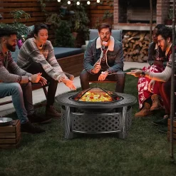 3-en-1 Braséro Extérieur Jardin Rond,avec Grille de Barbecue,Pare-étincelles,Grille à Bûches, Poker, Housse Anti-Pluie,81 x 50 cm