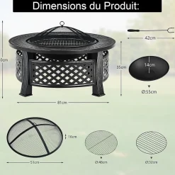 3-en-1 Braséro Extérieur Jardin Rond,avec Grille de Barbecue,Pare-étincelles,Grille à Bûches, Poker, Housse Anti-Pluie,81 x 50 cm