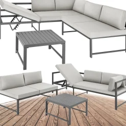 Ensemble 3 pièces canapé jardin modulable 5 places gris