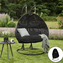 Fauteuil suspendu en poly rotin TWIN noir avec housse de pluie