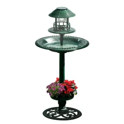 Fontaine abreuvoir à oiseaux sur pied avec lampe solaire et mangeoire