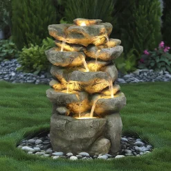Fontaine Cristobal polyrésine gris effet rocher avec LED blanc chaud et pompe 350L/h