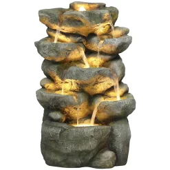 Fontaine Cristobal polyrésine gris effet rocher avec LED blanc chaud et pompe 350L/h