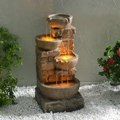 Fontaine de jardin 4 niveaux avec LED effet pierre 84 cm Teamson Home