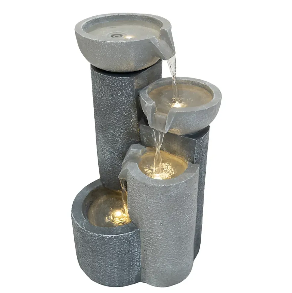Fontaine de Jardin Tranquil Tiers Avec Éclairage LED Blanc Chaud & Brosse à Nettoyage