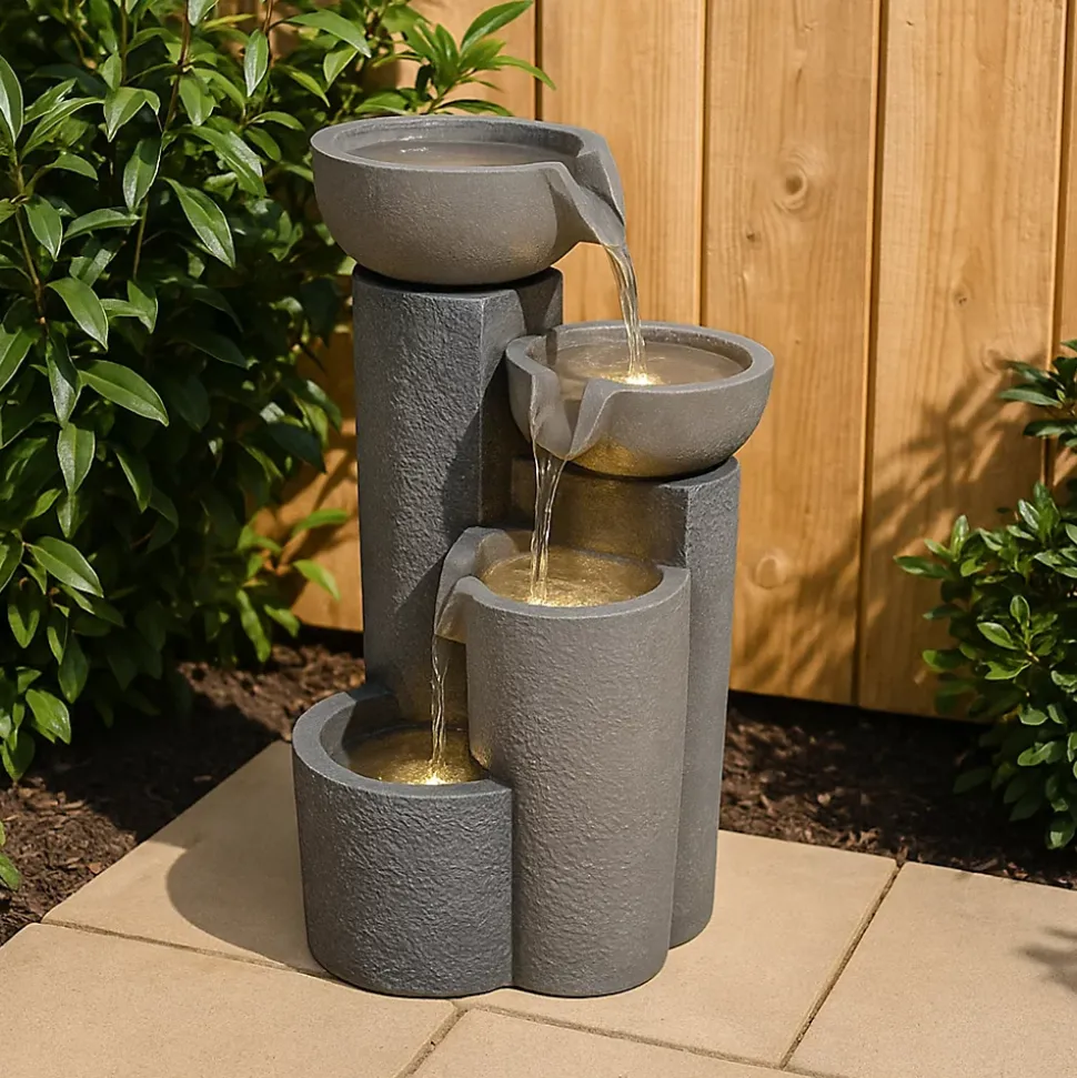 Fontaine de Jardin Tranquil Tiers Avec Éclairage LED Blanc Chaud & Brosse à Nettoyage