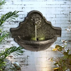 Fontaine murale en résine bronze avec tête de lion et éclairage LED
