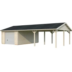 Garage en bois Roger porte sectionnelle 19m² + carport 33,2m² Palmako