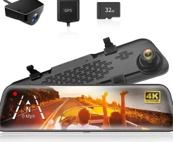 4K Rétroviseur Dash Cam caméra de recul, 2160P Full HD Rétroviseur, Avant et Arrière Double Lentille Dashcam Voiture