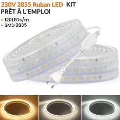 Kit Ruban LED 220v 10M blanc neutre 4000K étanche IP65 avec fixations fournies, intérieur et extérieur