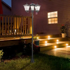 Lampadaire de jardin luminaire extérieur solaire LED 3 têtes 120 Lm dim. 51,5L x 47l x 182,5H cm acier inox. plastique noir
