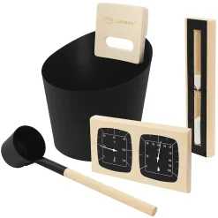 Lot 4 accessoires de sauna LuxeBath en aluminium et bois seau 6L louche thermo hygromètre et sablier
