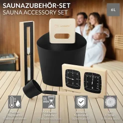 Lot 4 accessoires de sauna LuxeBath en aluminium et bois seau 6L louche thermo hygromètre et sablier