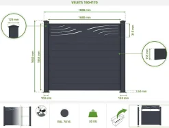 Lot de 3 clôtures aluminium 1,9m VELETA H.170cm gris
