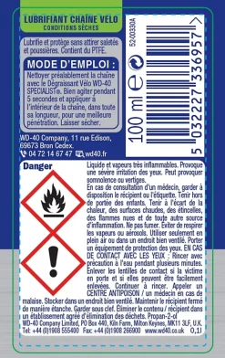 Lubrifiant chaîne de vélo conditions secs WD40 100 ml