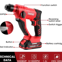 Marteau perforateur sans fil 20V SDS Plus, calibre 14 mm pour béton, 1000 tr/min, éclairage LED de travail, 1 x batterie 2 Ah