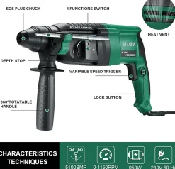 Marteau perforateur SDS-Plus, 950W avec 4 fonctions et embrayage de sécurité