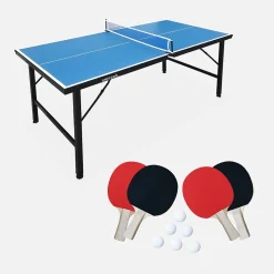 Mini table de ping pong 150x75cm - table pliable INDOOR bleue. avec 4 raquettes et 6 balles