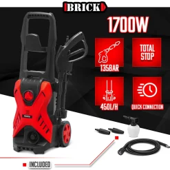 Nettoyeur haute pression 1700W - 135 bars sur roues - Buse turbo et buse rotative - Brick