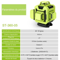 Niveau laser 4 x 360,2 batteries 2400 mA,4D 16 fils