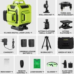 Niveau laser 4x360 degrés ,Vert 4D 16 Line Ligne Laser Verte Horizontal et Verticale avec Télécommande Intégrée Batterie STANEW
