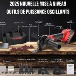 Outil Multifonction Oscillant 20V, Brushless Outil Multifonction Sans Fil avec 6 Vitesses Variables, 8500-21000RPM, Chargeur,