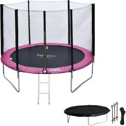Pack Premium Trampoline 305cm réversible gris / rose ADELAIDE + filet, échelle, bâche et kit d'ancrage - HAPPY GARDEN