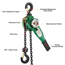 Palan à Levier Manuel 1.5t, Hauteur de Levage 2.8m, Chaîne G80 en Acier au Carbone, Crochet Orientable à 360 degrés