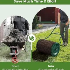Épandeur de Compost Capacité 76L Poignée en U Loquets Latéraux Rouleau Métallique Épandeur à Engrais Vert