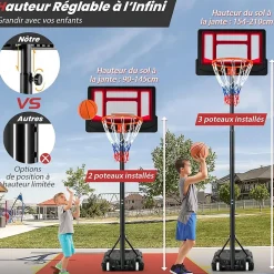 Panier de Basket Extérieur, Hauteur Réglable de 90 à 210 CM, Base Stable Remplissable, Mobile avec roulettes, Panneau Résistant