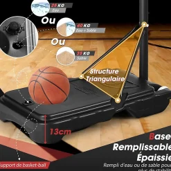 Panier de Basket Extérieur, Hauteur Réglable de 90 à 210 CM, Base Stable Remplissable, Mobile avec roulettes, Panneau Résistant