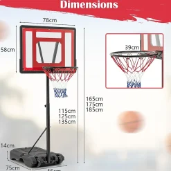 Panier de Basket pour Piscine But de Basket Portable et Cerceau Réglable en Hauteur avec Roues et Base Remplissable Rouge