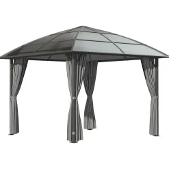 Pavillon de jardin barnum rigide dim. 3,05L x 3,05l x 2,7H m 4 rideaux zippés alu. acier polycarbonate noir polyester gris