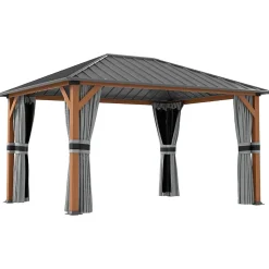 Pavillon de jardin structure alu aspect bois toit rigide métal galvanisé rideaux moustiquaires