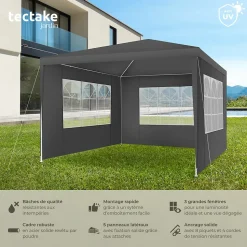 Pavillon imperméable 3x3m avec 3 parois latérales amovibles gris