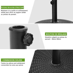 Pied de Parasol de Jardin Exterieur 38/48 mm Support de Parasol en Résine Antique avec Tube en Métal Bouton Rotatif Manuel Noir