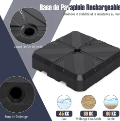 Pied de Parasol Lourd,Dalle Parasol Déporté à Poids avec Support en Croix,Support Parasol Remplie d'eau 45KG/Sable 60KG,38/48mm