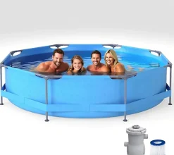 Piscine Hors Sol avec Pompe de Filtration, Pliableen PVC avec Cadre Métallique & Vidange de Fond & Coussinets Antidérapants(Bleu)