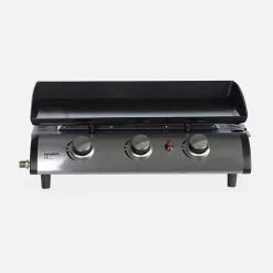 Plancha au gaz 3 brûleurs sur chariot - Porthos - 7.55kW. plancha à gaz avec desserte . cuisine extérieure. plaque émaillée. inox.
