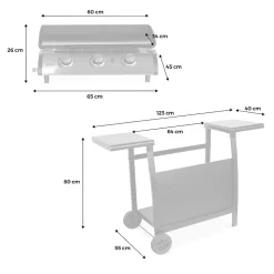 Plancha au gaz 3 brûleurs sur chariot - Porthos - 7.55kW. plancha à gaz avec desserte . cuisine extérieure. plaque émaillée. inox.
