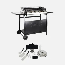 Plancha au gaz 4 brûleurs sur chariot - Porthos - 10kW. plancha à gaz avec desserte et ustensiles